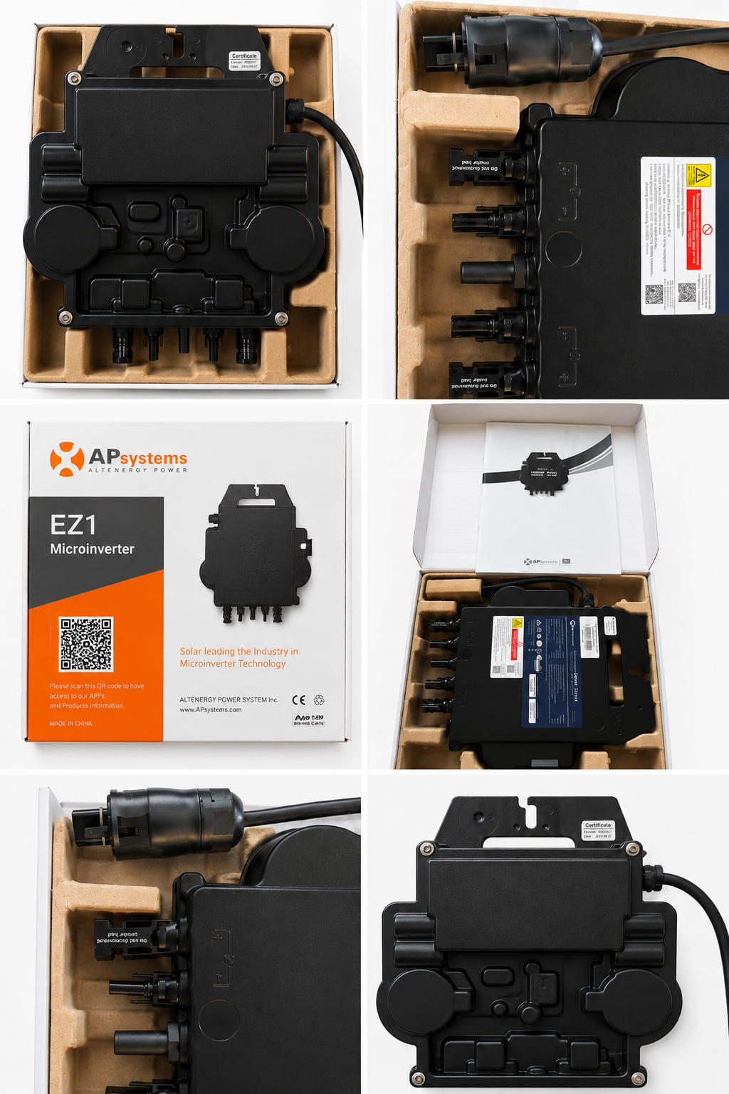 APsystems EZ1 microinverter box, packaging and unit photos