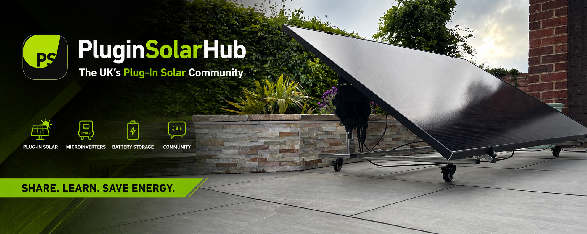 PluginSolarHub UK plug-in solar community banner with solar panel ground mount