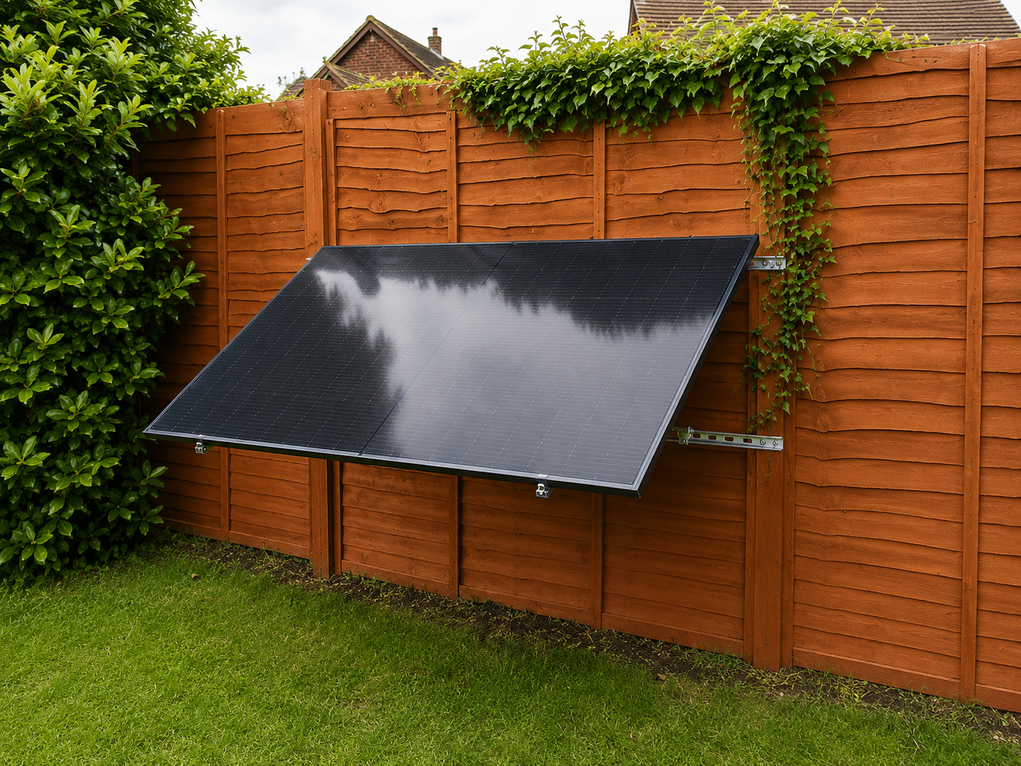 Fence-mounted plug-in solar panel folded back